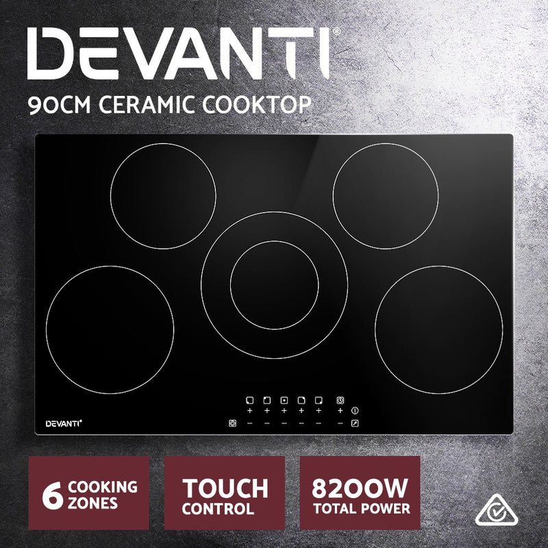 Devanti 90cm Ceramic Cooktop Electric Cook Top 5 Burner Stove Hob Touch Control 6-Zones - Sale Now