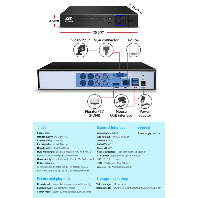 UL-tech Home CCTV Security System Camera 4CH DVR 1080P 1500TVL 1TB Outdoor Home - Sale Now