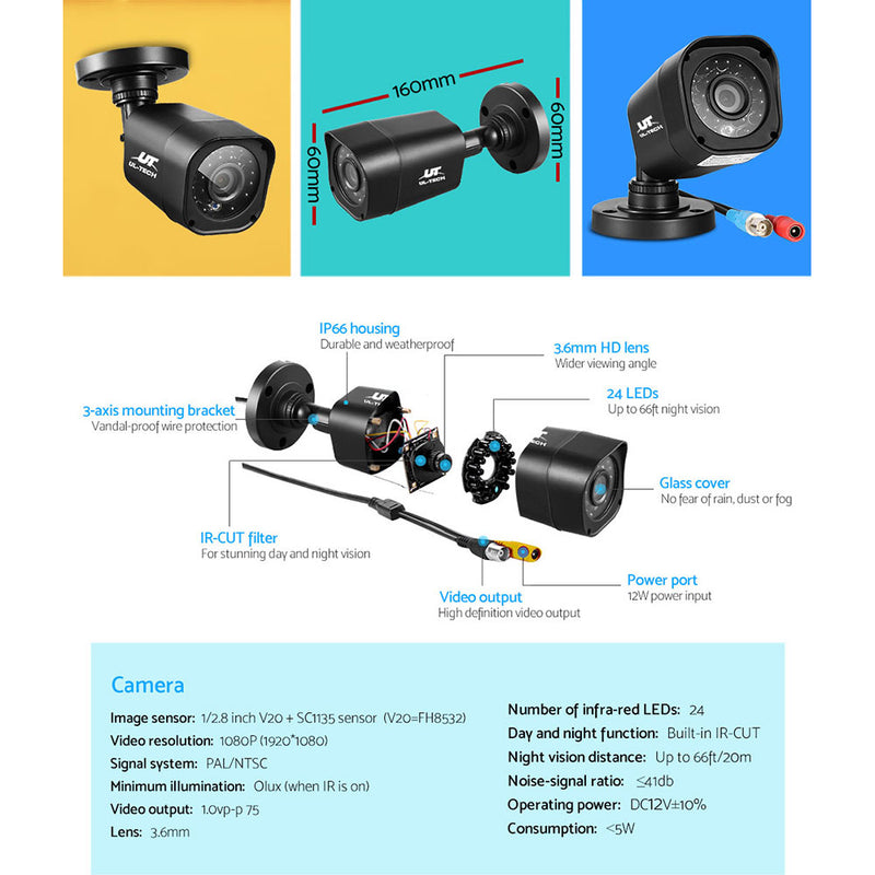 UL-tech Home CCTV Security System Camera 4CH DVR 1080P 1500TVL 1TB Outdoor Home - Sale Now
