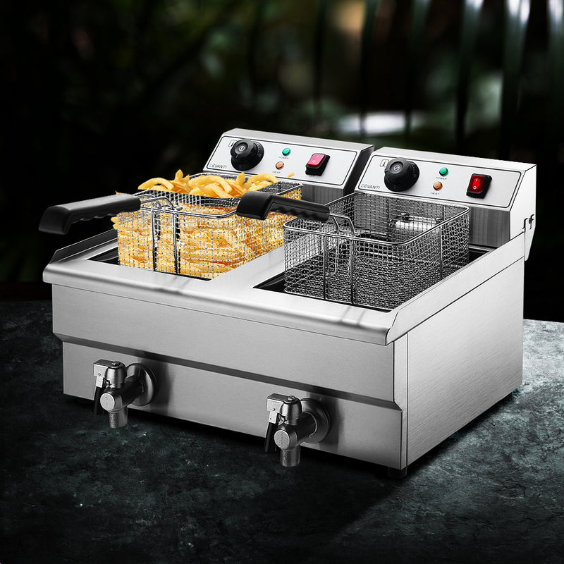 Devanti Commercial Electric Deep Fryer Twin Frying Basket Chip Cooker Countertop - Sale Now