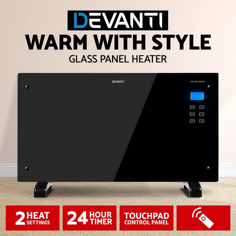 Devanti 2000W Portable Electric Panel Heater - Black Glass - Sale Now