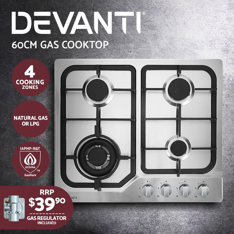 Devanti Gas Cooktop 60cm Gas Stove Cooker 4 Burner Cook Top Konbs NG LPG Steel - Sale Now