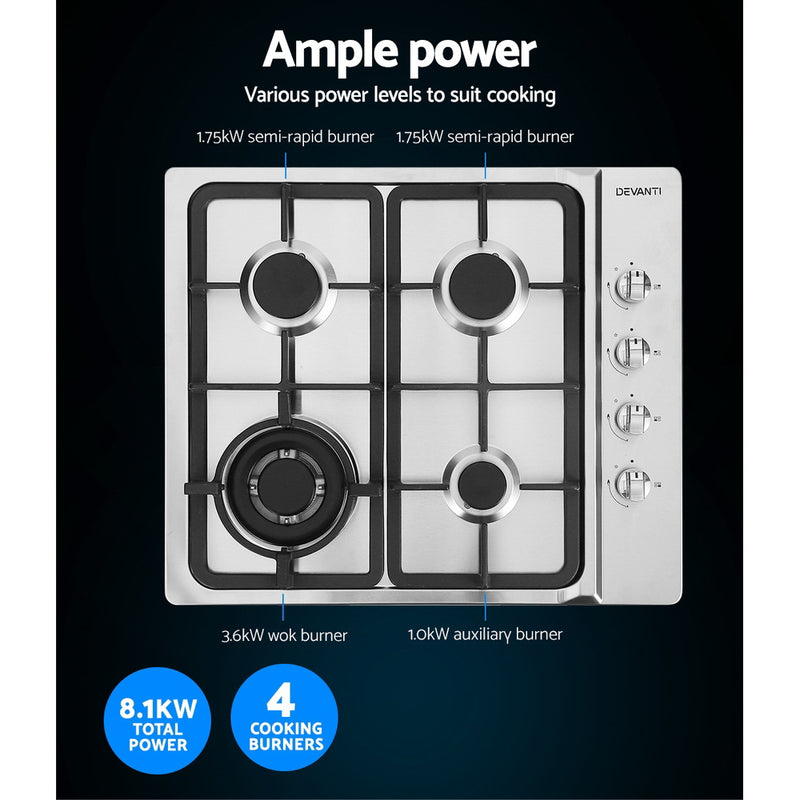 Devanti Gas Cooktop 60cm Kitchen Stove 4 Burner Cook Top NG LPG Stainless Steel Silver - Sale Now