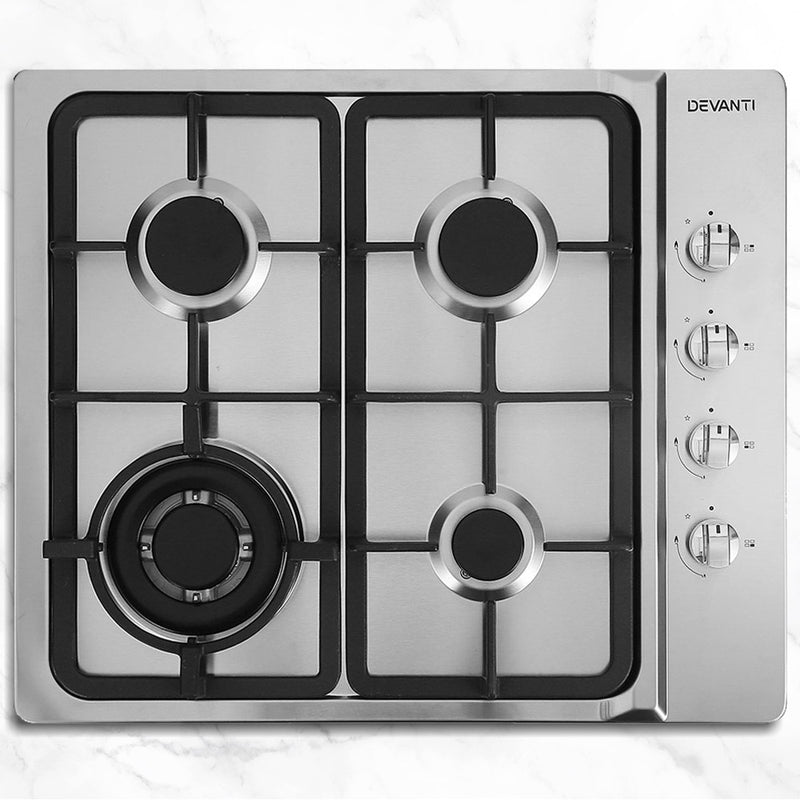Devanti Gas Cooktop 60cm Kitchen Stove 4 Burner Cook Top NG LPG Stainless Steel Silver - Sale Now