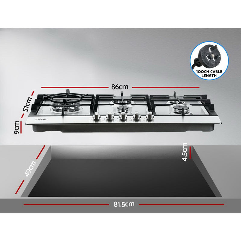 Devanti Gas Cooktop 90cm Kitchen Stove Cooker 5 Burner Stainless Steel NG/LPG Silver - Sale Now