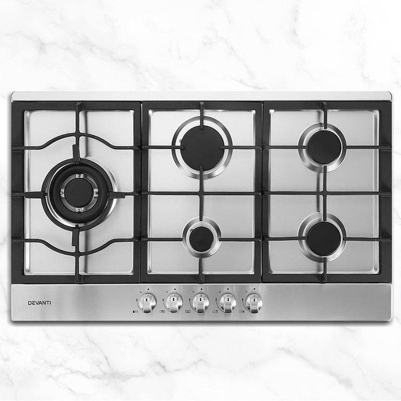 Devanti Gas Cooktop 90cm Kitchen Stove Cooker 5 Burner Stainless Steel NG/LPG Silver - Sale Now