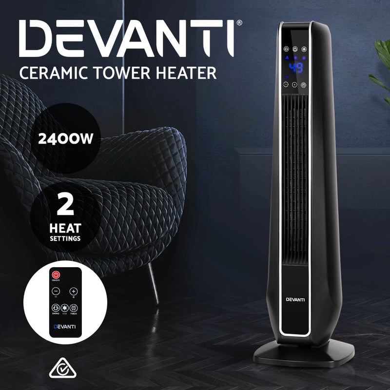 Devanti Electric Ceramic Tower Fan Heater Portable Oscillating Remote Control 2400W Black - Sale Now