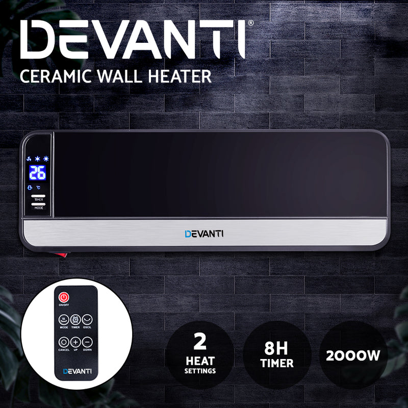 Devanti 2000W Wall Mounted Panel Heater - Black - Sale Now