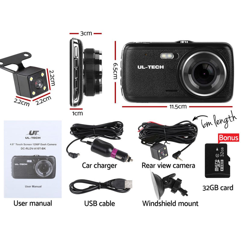 UL Tech 4 Inch Dual Camera Dash Camera - Black - Sale Now
