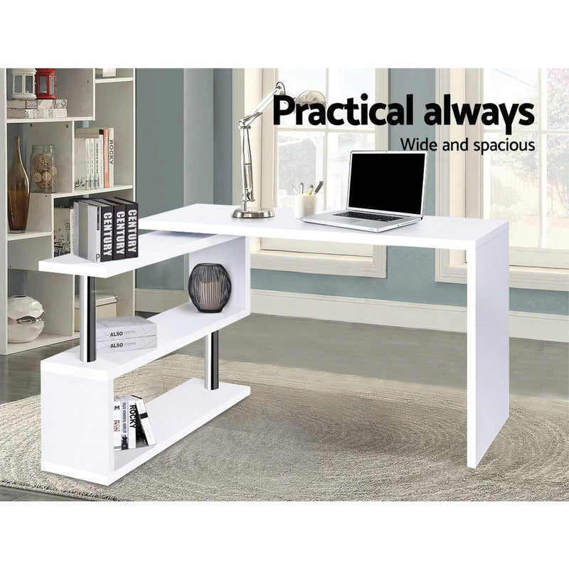 Artiss Rotary Corner Desk with Bookshelf - White - Sale Now