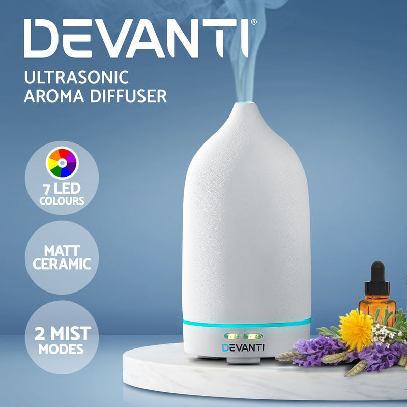 Devanti Ceramics Aroma Diffuser Aromatherapy Essential Oil Air Humidifier Ultrasonic Cool Mist White - Sale Now
