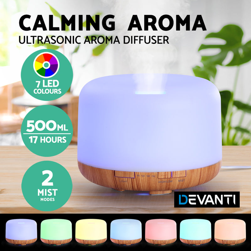 DEVANTI Aroma Diffuser Aromatherapy LED Night Light Air Humidifier Purifier Light Wood Grain 500ml - Sale Now