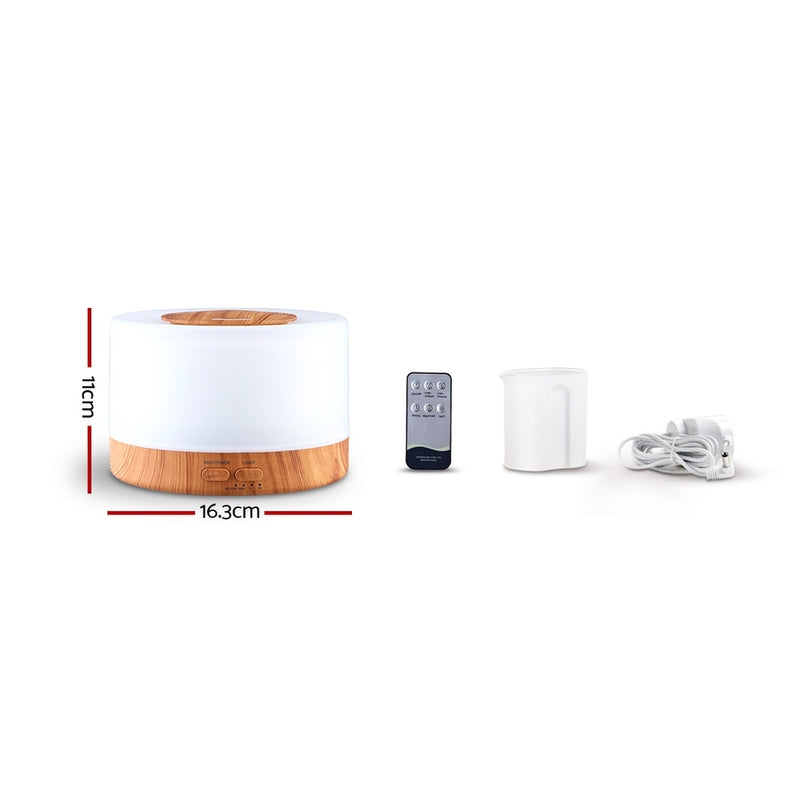 DEVANTI Aroma Diffuser Aromatherapy LED Night Light Air Humidifier Purifier Round Light Wood Grain 500ml Remote Control - Sale Now