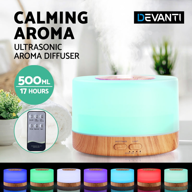 DEVANTI Aroma Diffuser Aromatherapy LED Night Light Air Humidifier Purifier Round Light Wood Grain 500ml Remote Control - Sale Now
