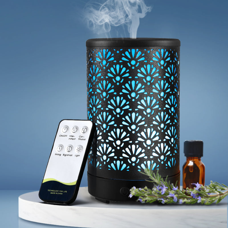 Devanti Aroma Diffuser Aromatherapy Essential Oils Metal Cover Ultrasonic Cool Mist 100ml Remote Control Black - Sale Now
