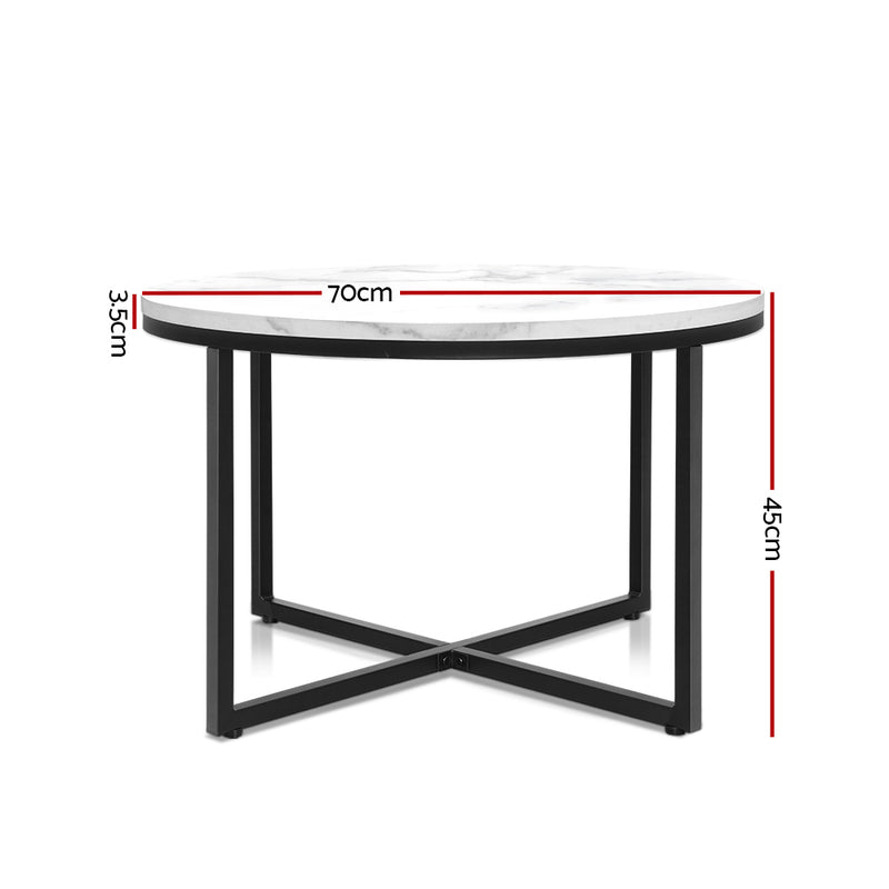Artiss Coffee Table Marble Effect Side Tables Bedside Round Black Metal 70X70CM - Sale Now