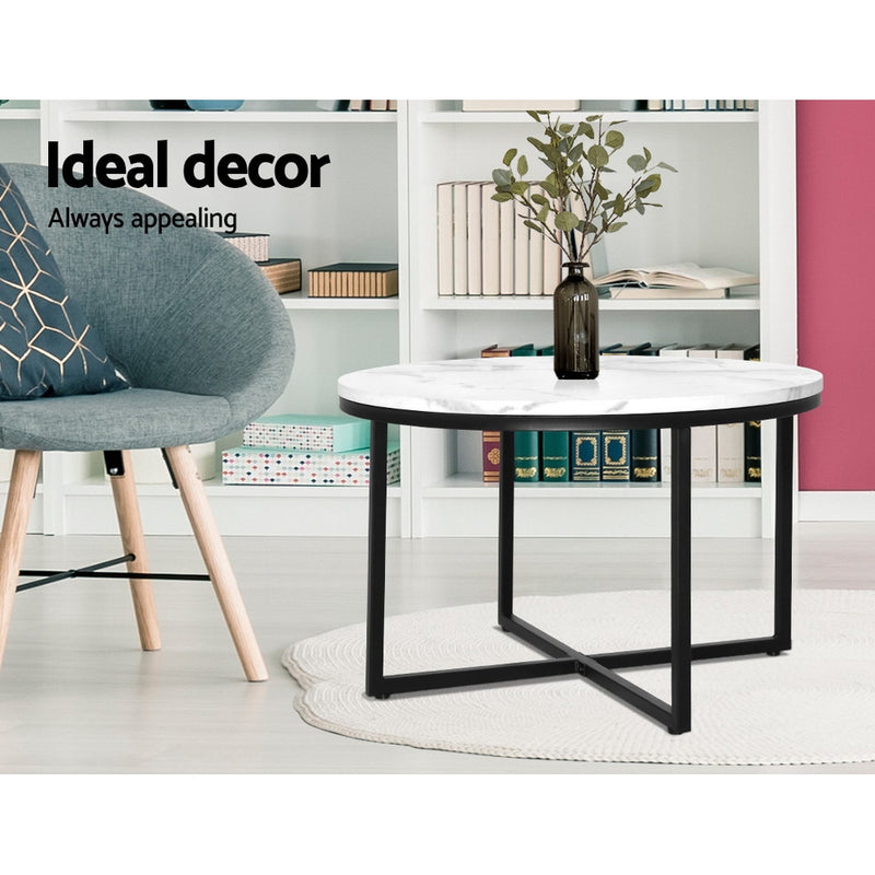 Artiss Coffee Table Marble Effect Side Tables Bedside Round Black Metal 70X70CM - Sale Now