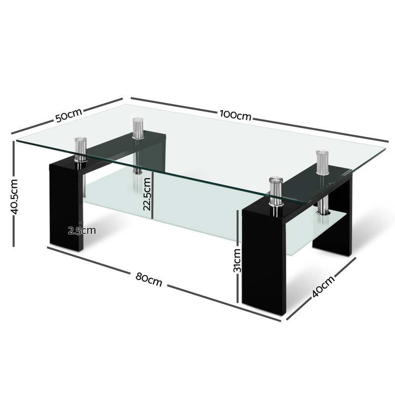 Artiss 2 Tier Glass Coffee Table - Black - Sale Now