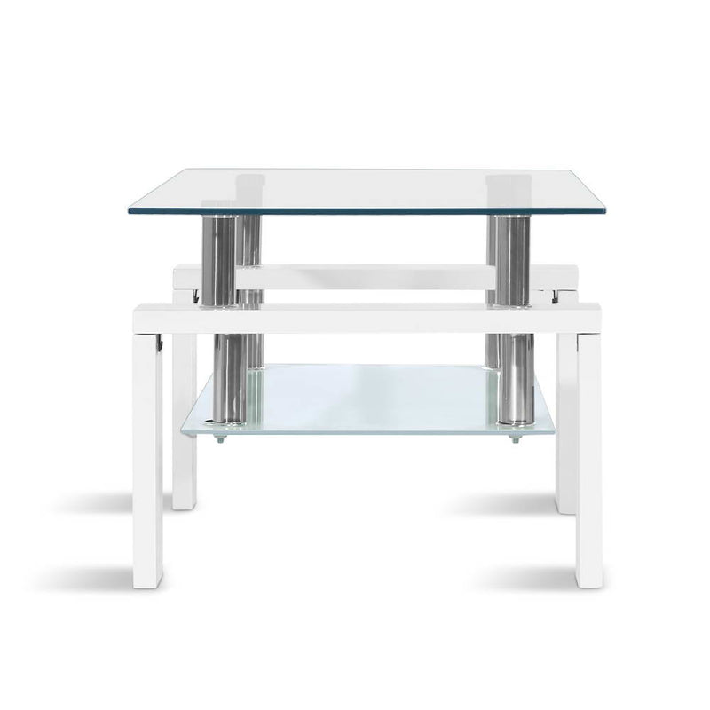 Artiss 2 Tier Coffee Table Tempered Glass Stainless Steel White - Sale Now