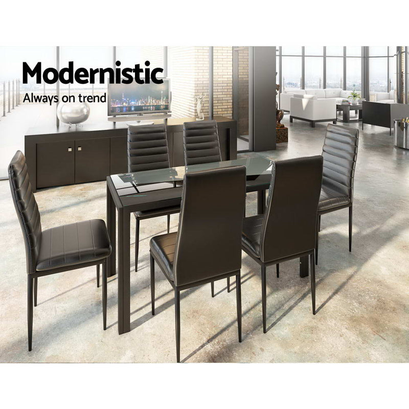 Artiss Astra 7-Piece Set Tempered Glass Dining Set Table and 6 Chairs Black - Sale Now