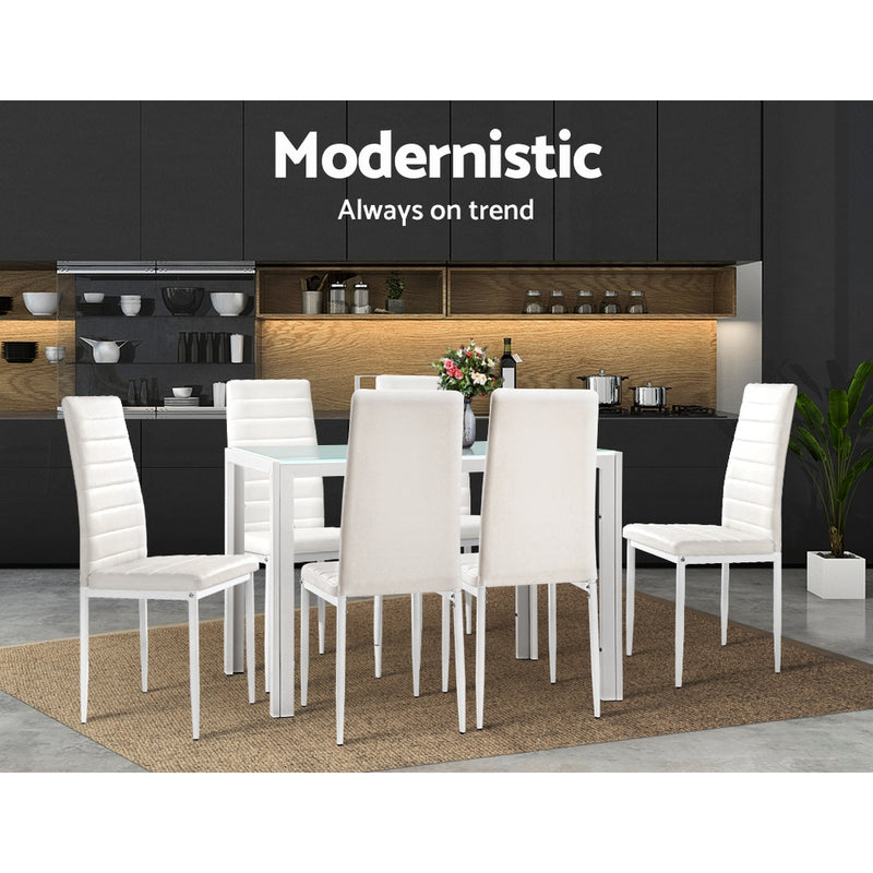 Artiss Astra 7-piece Dining Table and Chairs Dining Set Tempered Glass Leather Seater Metal Legs White - Sale Now
