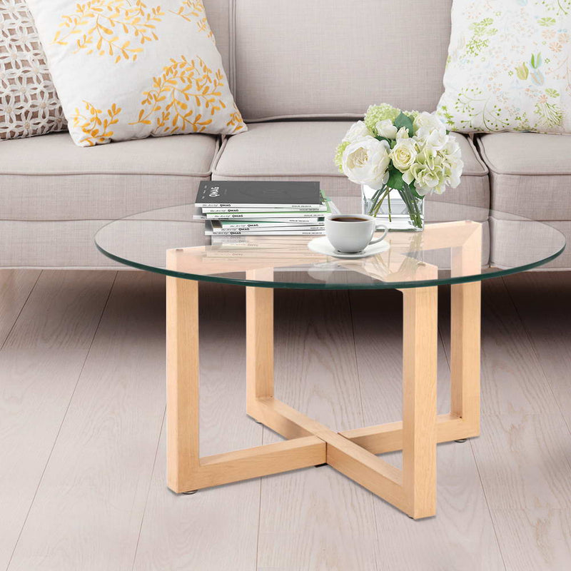 Artiss Tempered Glass Round Coffee Table - Beige - Sale Now