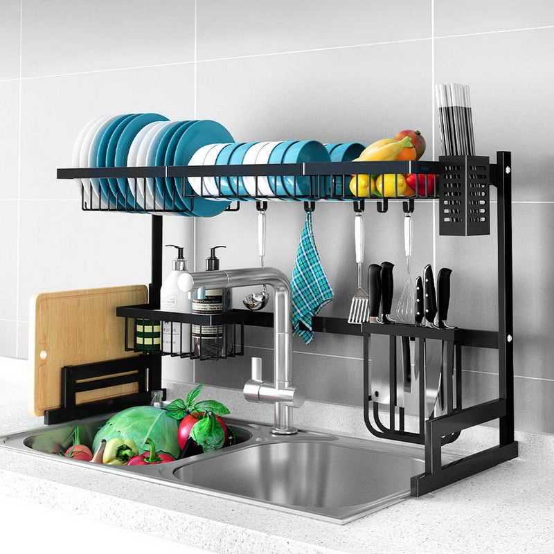 2-Tier 85cm Stainless Steel Kitchen Shelf Organizer Dish Drying Rack Over Sink - Sale Now