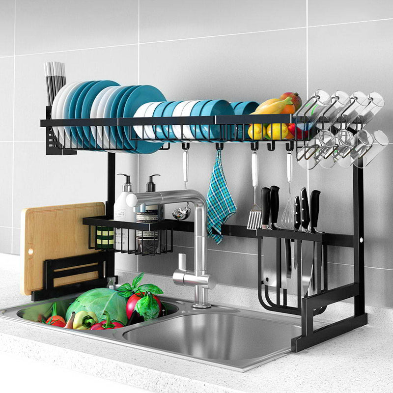 2-Tier 95cm Stainless Steel Kitchen Shelf Organizer Dish Drying Rack Over Sink - Sale Now