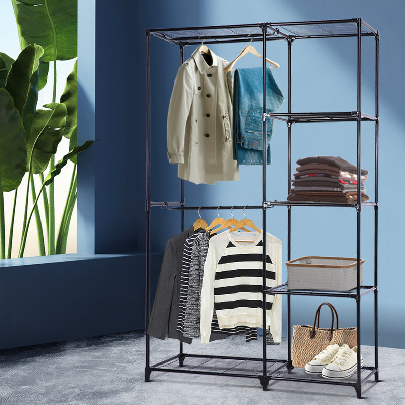 Portable Closet Organizer Storage Clothes Hanger Rail Garment Shelf Rack Black - Sale Now