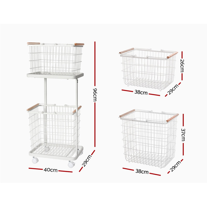 2 Tier Wire Storage Shelf Laundry Basket Hamper Metal Clothes Rack Shelves Trolley Organiser - Sale Now