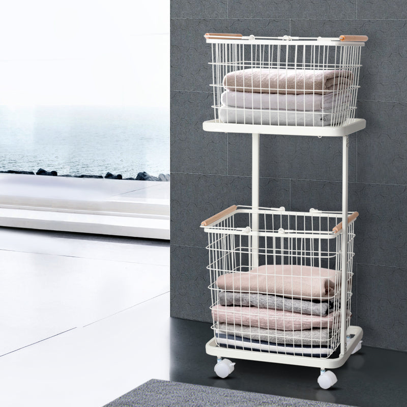 2 Tier Wire Storage Shelf Laundry Basket Hamper Metal Clothes Rack Shelves Trolley Organiser - Sale Now