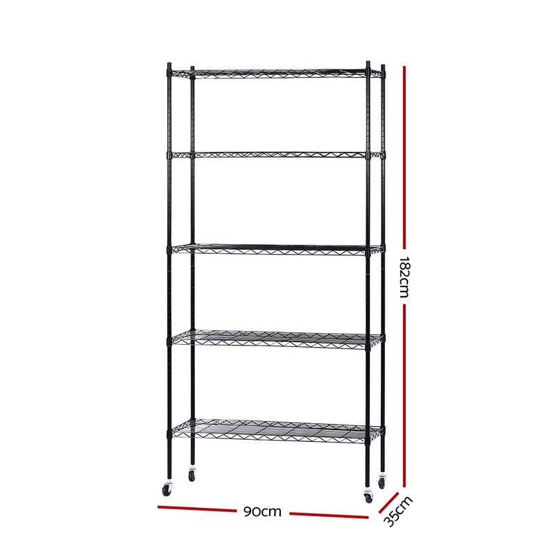 90cm 5-Tier Wire Shelf Shelving Unit Kithchen Storage Trolley Black - Sale Now