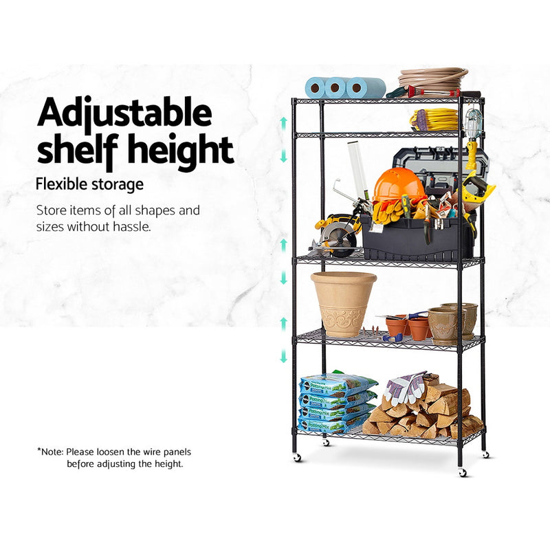 90cm 5-Tier Wire Shelf Shelving Unit Kithchen Storage Trolley Black - Sale Now