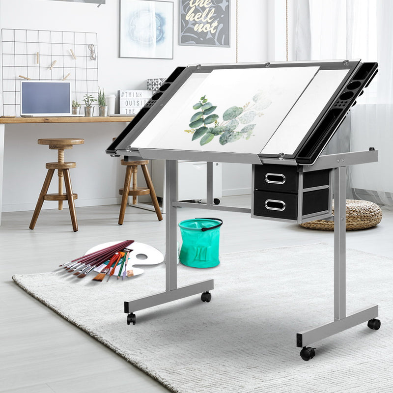 Artiss Drawing Desk Drafting Table Craft Adjustable Glass Art Tilt Drawers Grey - Sale Now