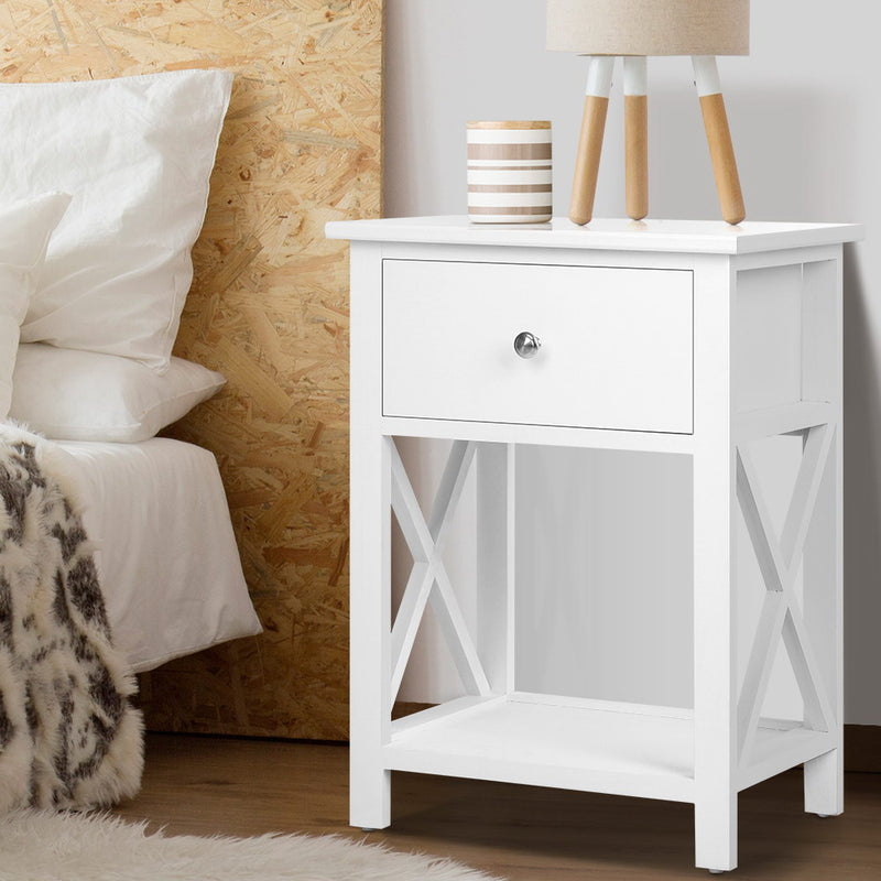Bedside Table Coffee Side Cabinet Drawer Wooden White - Sale Now
