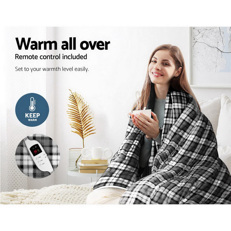 Giselle Bedding Electric Throw Rug Flannel Snuggle Blanket Washable Heated Grey and White Checkered - Sale Now