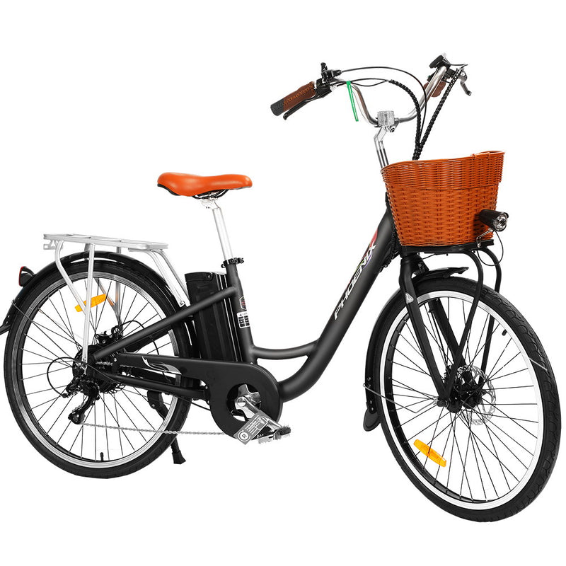Phoenix 26" Electric Bike eBike e-Bike City Bicycle Vintage Style LG Battery Motorized Basket Black - Sale Now