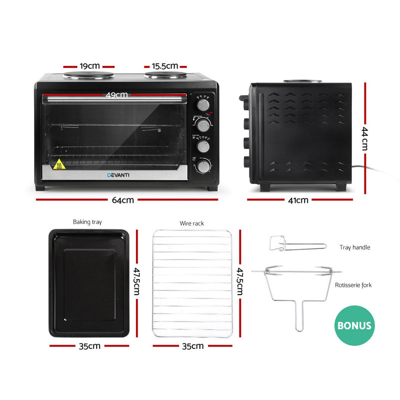Devanti Electric Convection Oven Benchtop Rotisserie Grill 60L Hotplate Black - Sale Now