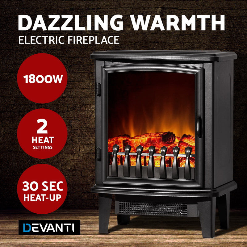 Devanti Electric Fireplace Wood Heater Portable Fire Log Flame Effect Winter Warm 1800W - Sale Now