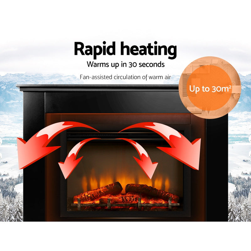 Devanti 2000W Electric Fireplace Mantle Portable Fire Log Wood Heater 3D Flame Effect Black - Sale Now