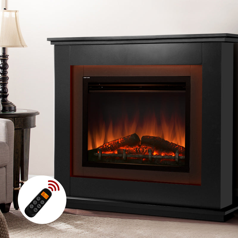 Devanti 2000W Electric Fireplace Mantle Portable Fire Log Wood Heater 3D Flame Effect Black - Sale Now