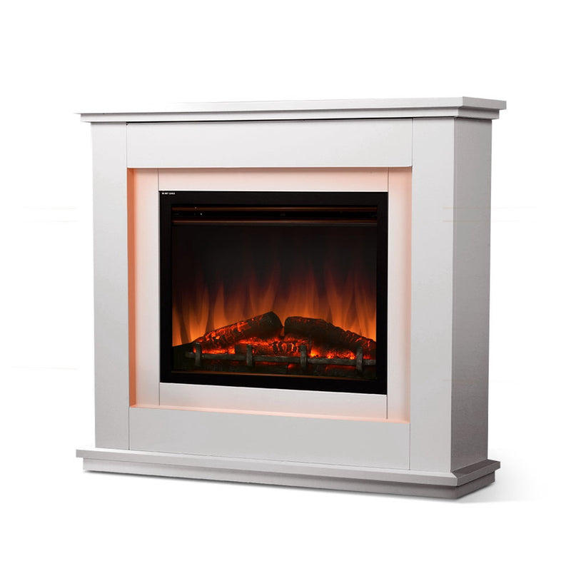 Devanti 2000W Electric Fireplace Mantle Portable Fire Log Wood Heater 3D Flame Effect White - Sale Now