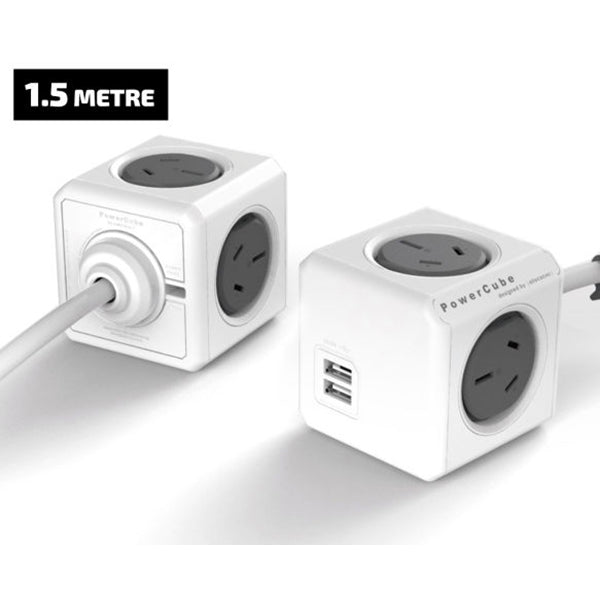 Allocacoc PowerCube Extended USB Powerboard 4-Outlets 2 USB Ports Grey-White 1.5m - Sale Now