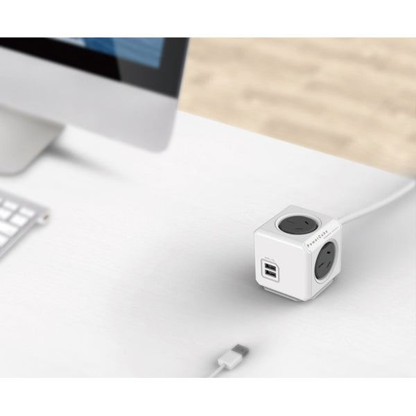 Allocacoc PowerCube Extended USB Powerboard 4-Outlets 2 USB Ports Grey-White 1.5m - Sale Now