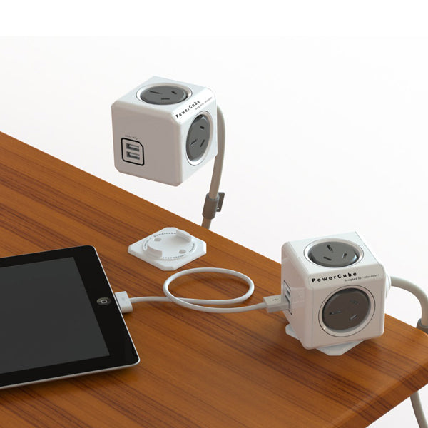 ALLOCACOC POWERCUBE Extended USB Grey 4 Outlets 2 USB 1.5M with CABLE (Twin Pack) - Sale Now