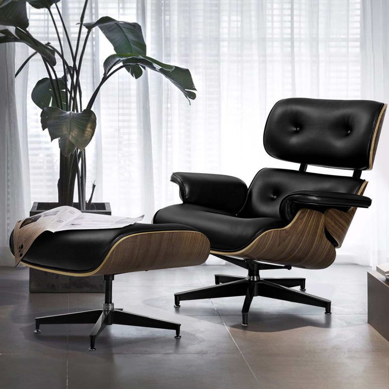 Artiss Armchair Lounge Chair and Ottoman Recliner Armchair Leather Plywood Black - Sale Now