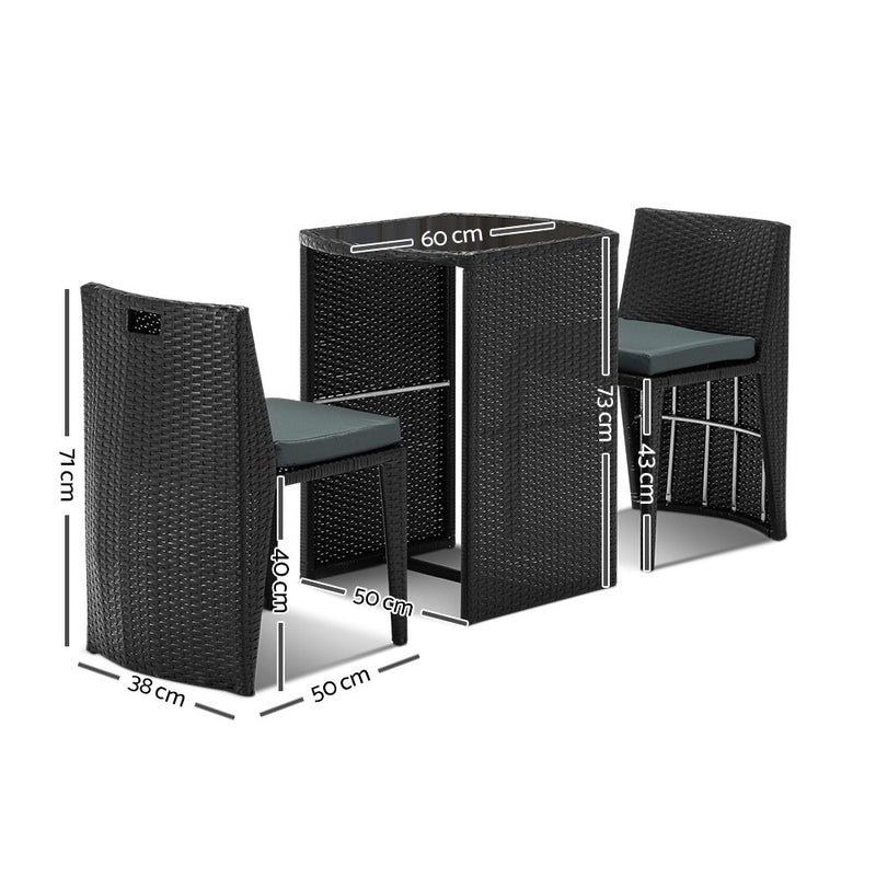 Gardeon 3 Piece PE Wicker Outdoor Table and Chair Set - Black - Sale Now
