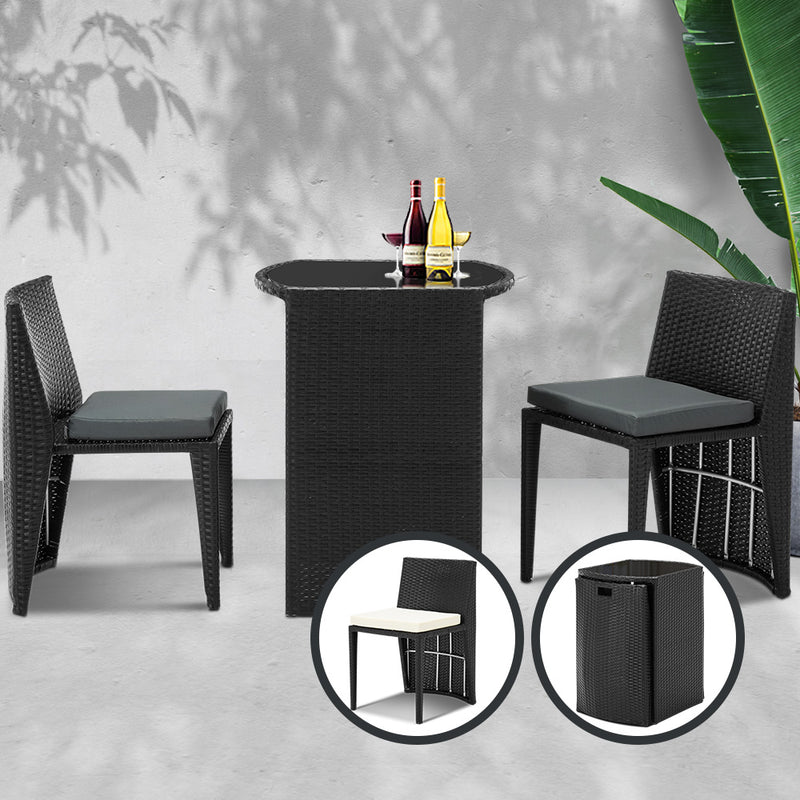 Gardeon 3 Piece PE Wicker Outdoor Table and Chair Set - Black - Sale Now