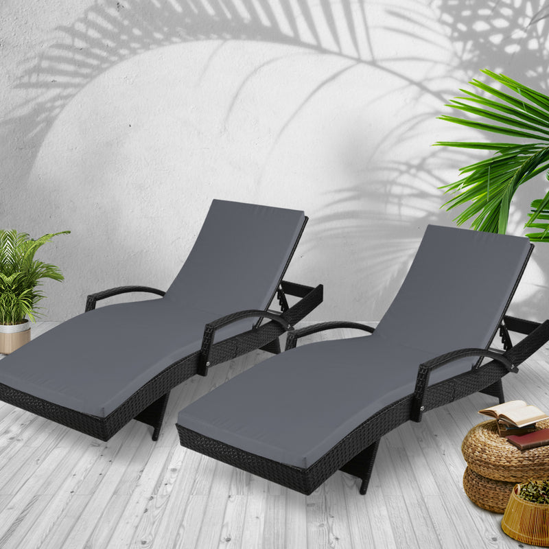 Gardeon Set of 2 Outdoor Sun Lounge Chair with Cushion - Black - Sale Now