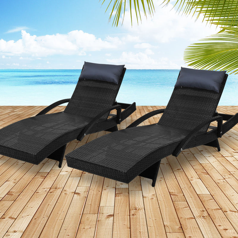 Gardeon Set of 2 Sun Lounge Outdoor Furniture Wicker Lounger Rattan Day Bed Garden Patio Black - Sale Now